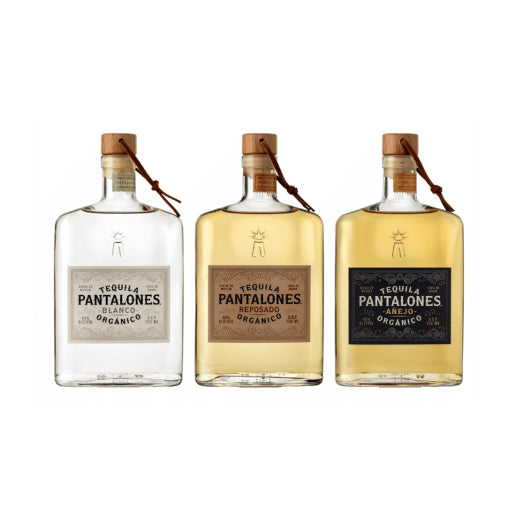 Pantalones Tequila Bundle featuring Blanco, Reposado, and Añejo bottles made from 100% Blue Weber agave.