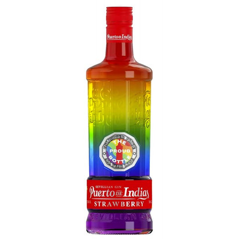 Puerto de Indias The Proud Bottle Strawberry Gin celebrating LGTBI Pride with a colorful rainbow design.