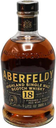 Aberfeldy 18 Year Old Highland Single Malt Scotch Whisky Finished in Tuscan Red Wine Casks Batch No. 2922/A Bottle.