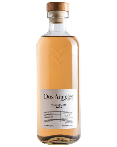 Dos Angeles Tequila Blanco Rosa bottle with a reddish-orange hue and elegant design.