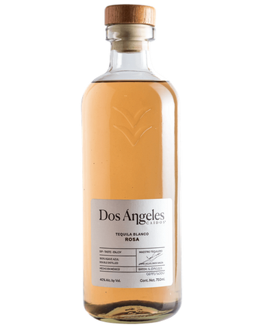 Dos Angeles Tequila Blanco Rosa bottle with a reddish-orange hue and elegant design.