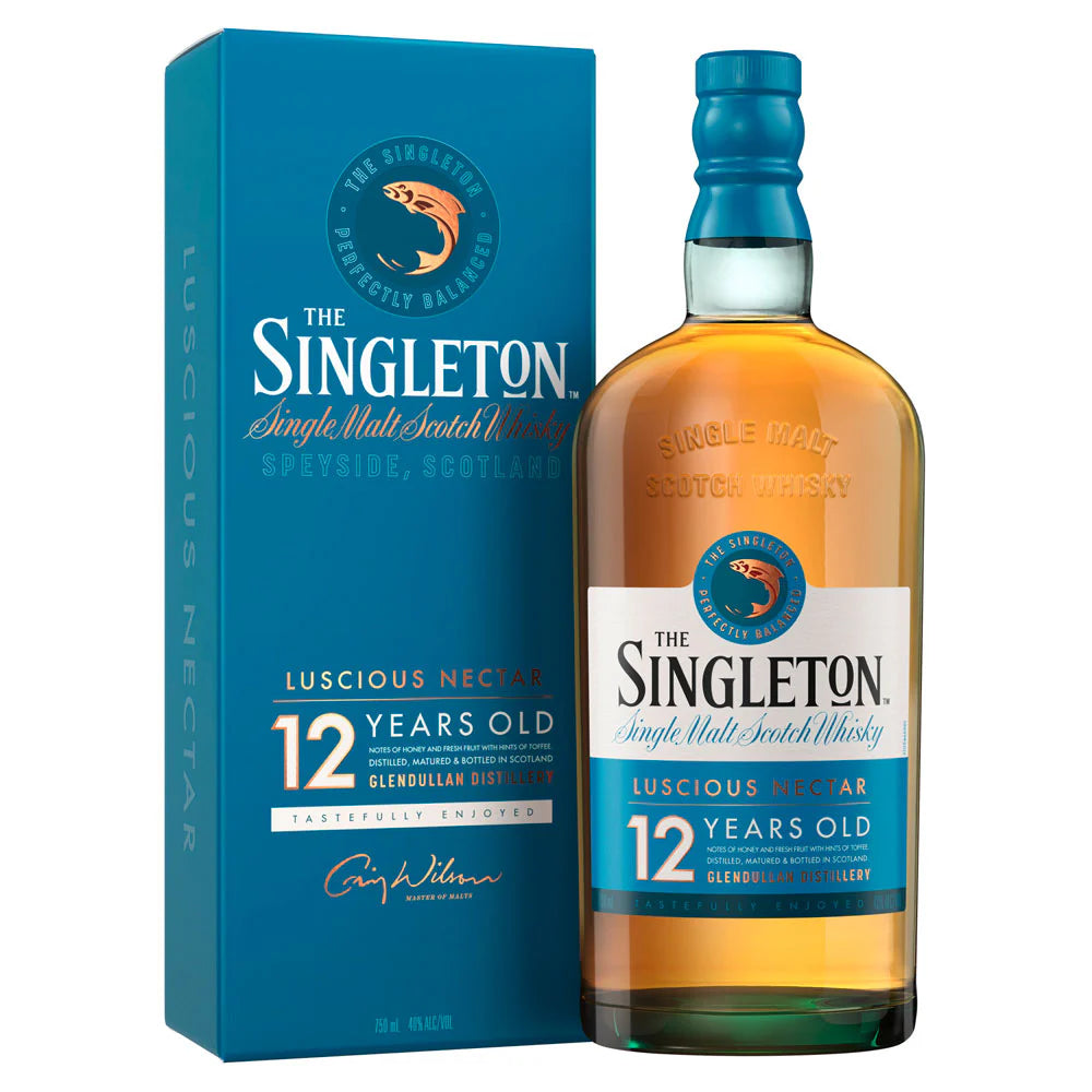 The Singleton of Glendullan 12 Year Old Single Malt Scotch Whisky bottle and packaging.