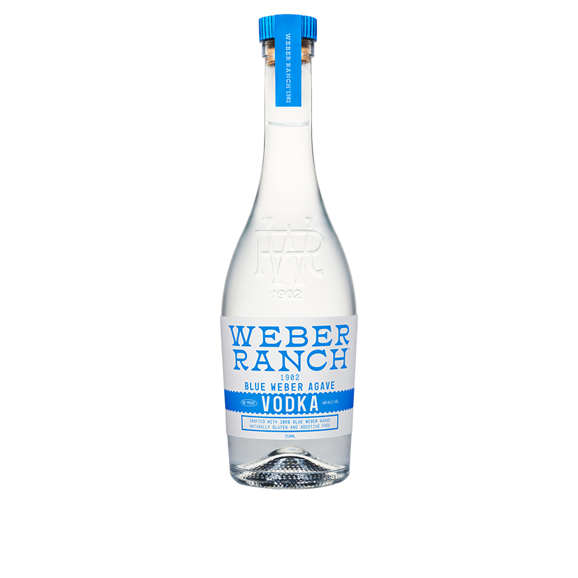 Weber Ranch Vodka bottle made from Blue Weber agave, distilled in Jalisco and finished in Texas, showcasing its premium quality.