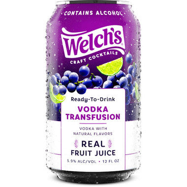 Welch's Craft Cocktails Vodka Transfusion can with grape and citrus flavors, 12 fl oz, 5.9% alcohol, chilled and ready to drink.