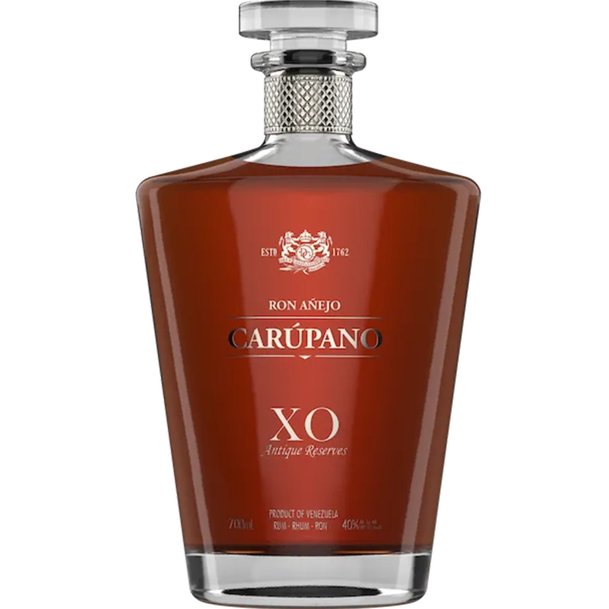 Ron Carúpano X.O. Añejo Antique Reserve Rum bottle, crafted from premium sugar cane, aged in oak barrels for rich flavor.