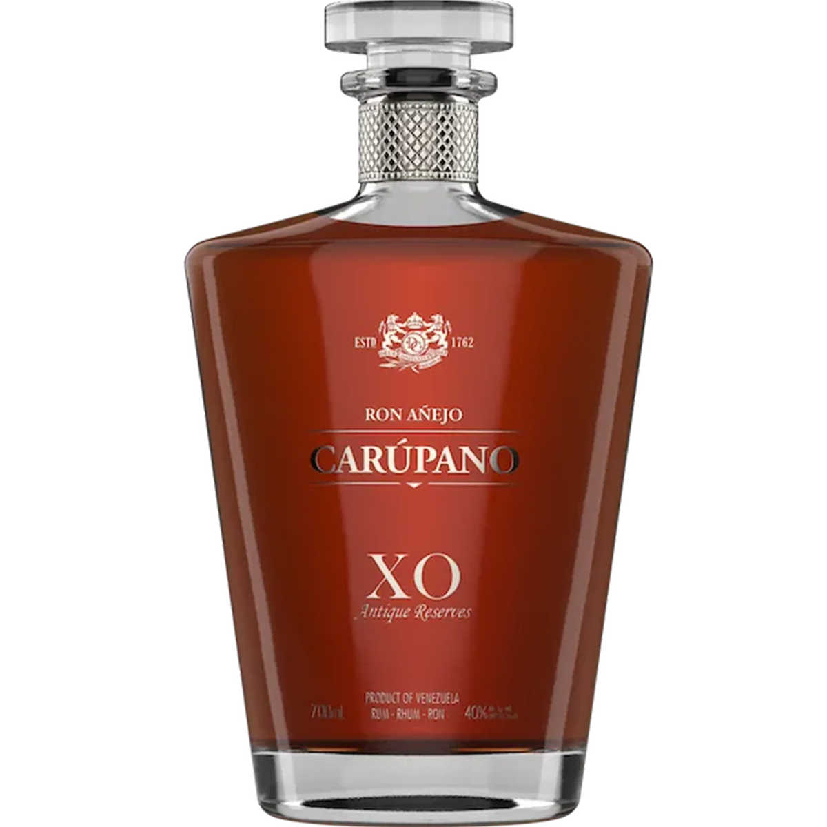 Ron Carúpano X.O. Añejo Antique Reserve Rum bottle, crafted from premium sugar cane, aged in oak barrels for rich flavor.