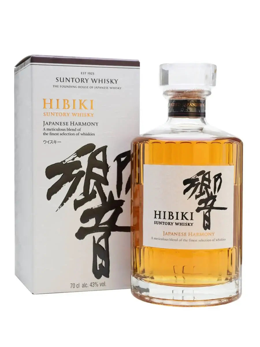 Hibiki Japanese Harmony whiskey bottle and box from Suntory Whisky.