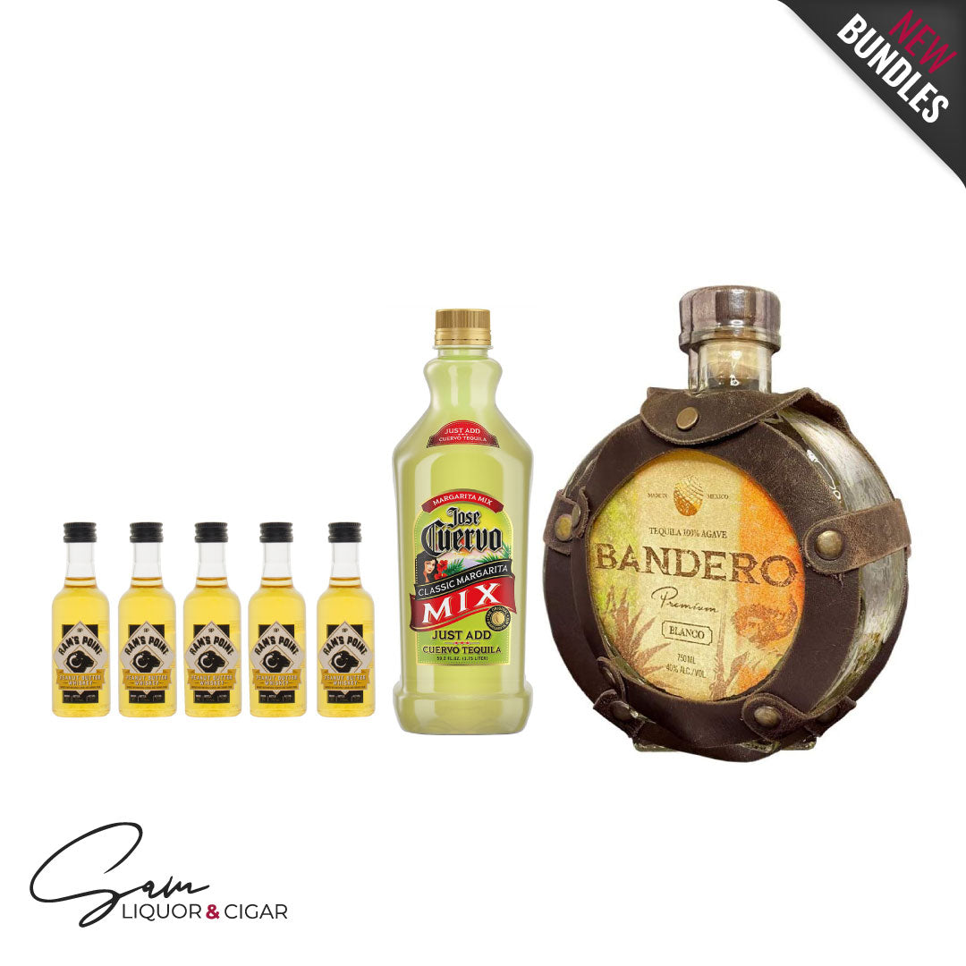 Bandero Blanco Tequila - Jose Cuervo margarita mixer - Ram's Point Peanut Butter Whiskey Shots - Bundle