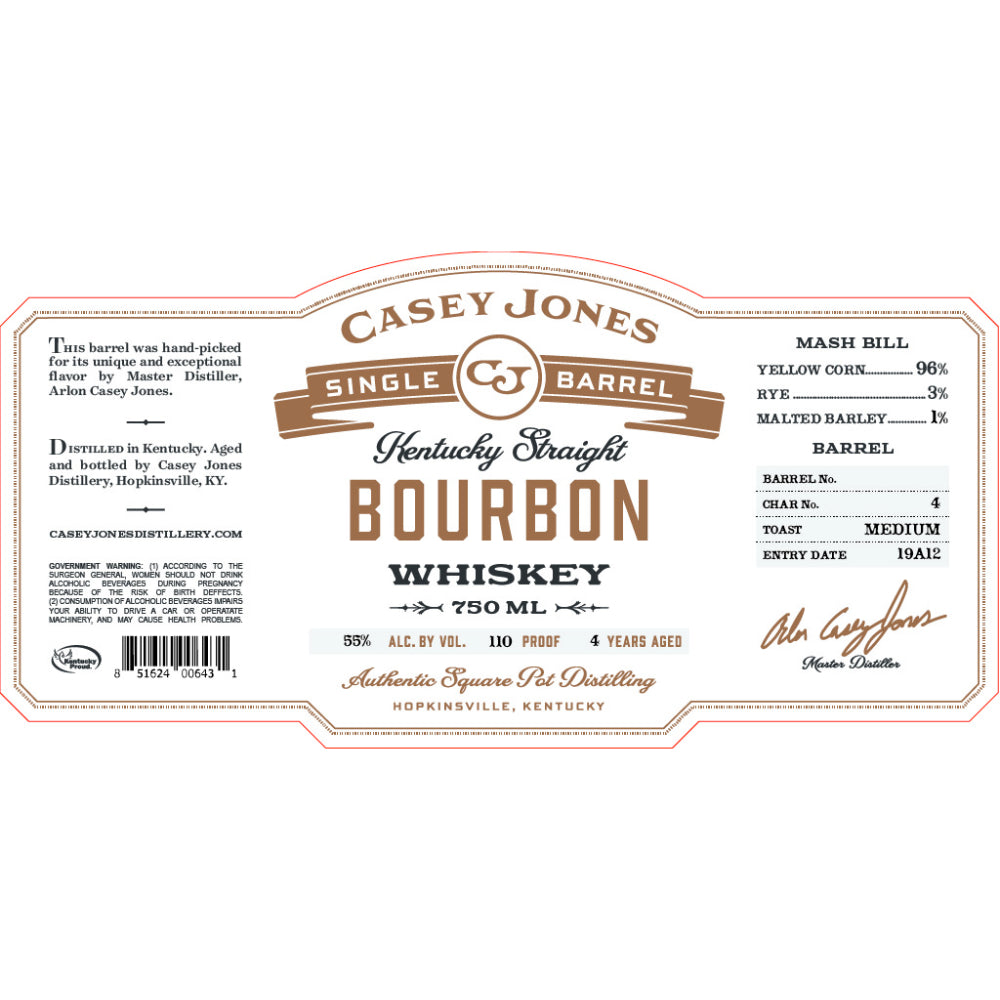 Casey Jones 4 Year Old Single Barrel Kentucky Straight Bourbon