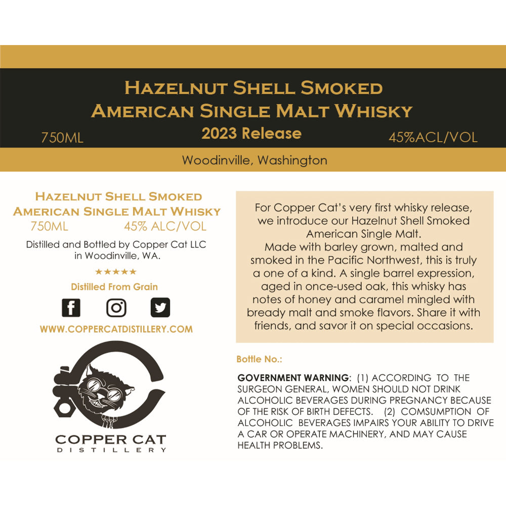 Copper Cat Hazelnut Shell Smoked American Single Malt Whiskey