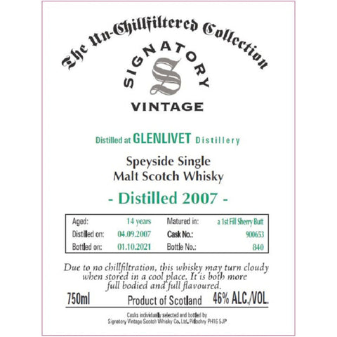 Signatory Vintage 2007 Glenlivet 14 Year Old