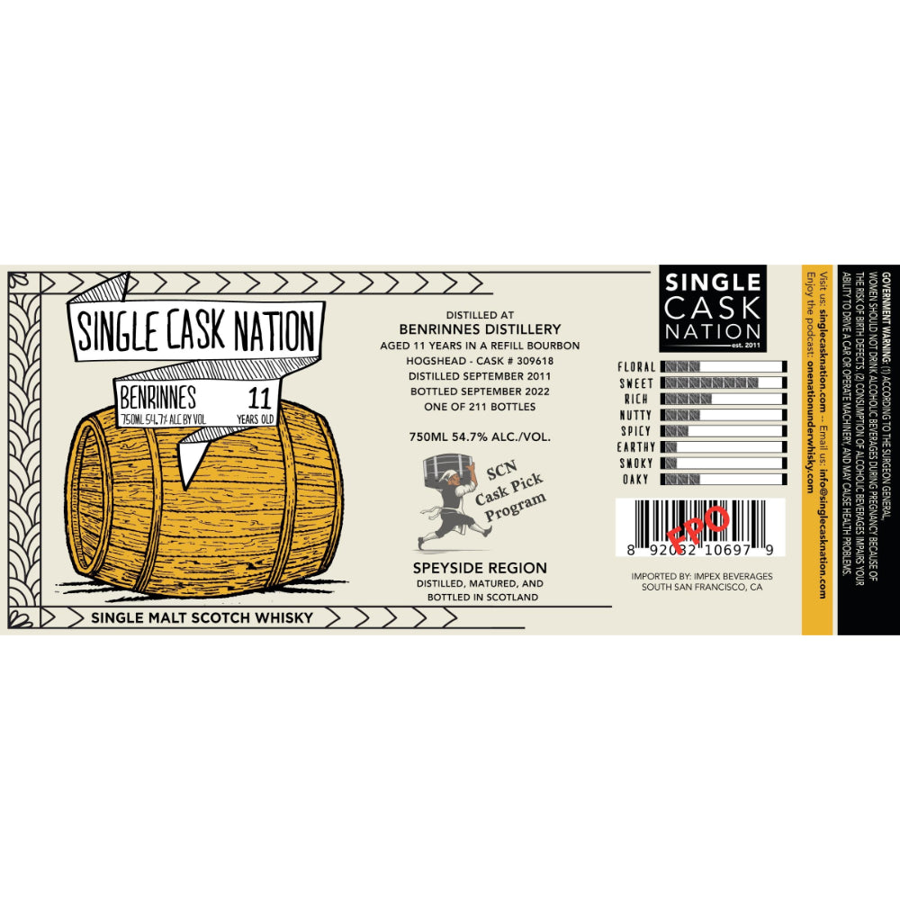 Single Cask Nation 11 Year Old Benrinnes 2011 Cask #309618